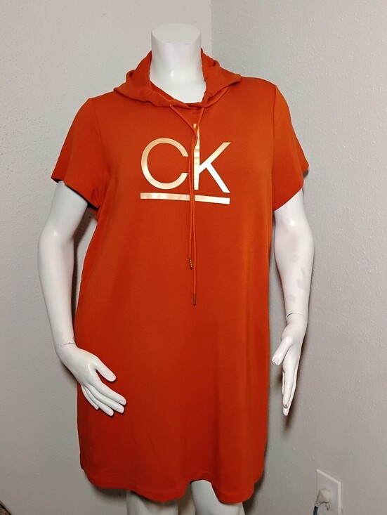 Calvin Klein Dresses & Skirts - Calvin Klein Orange Short-Sleeve Hooded T-Shirt Dress with Metallic CK Logo